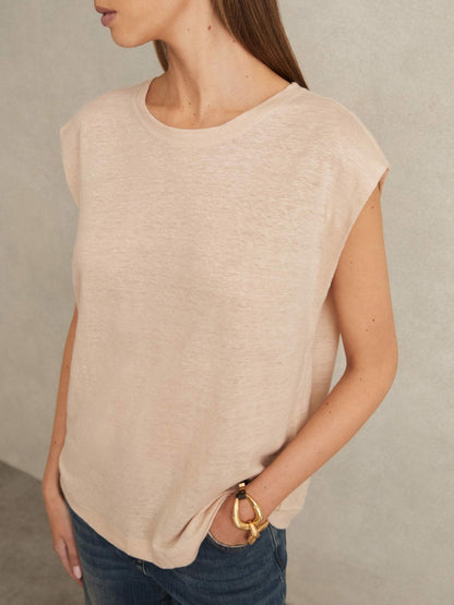 Reiss Featured - Linen Cap-Sleeve T-Shirt in Peach