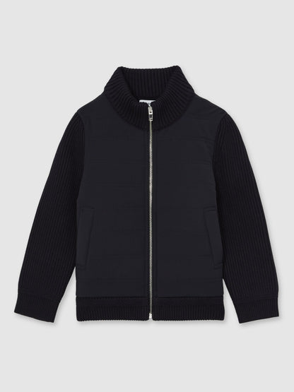 Reiss Affordable - 3-9 yrs Hybrid Quilt and Knit Zip Through Jacket in Navy