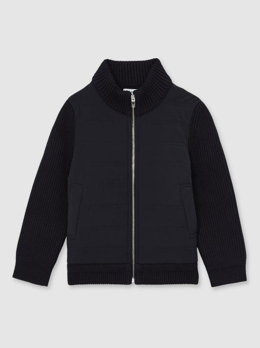 Reiss Affordable - 3-9 yrs Hybrid Quilt and Knit Zip Through Jacket in Navy