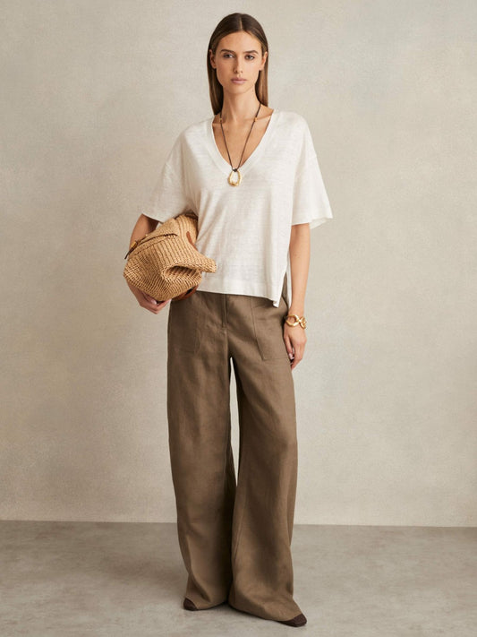 Reiss Offer - Linen V-Neck T-Shirt in White