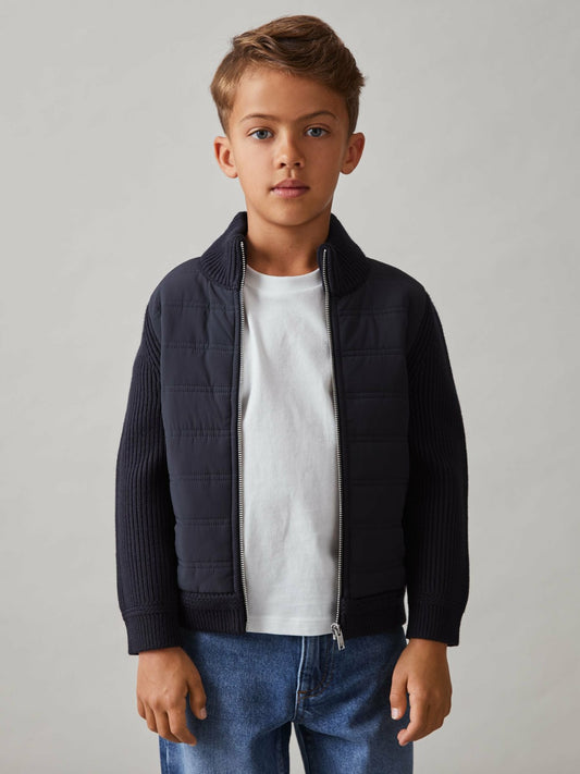 Reiss Value - 9-13 yrs Hybrid Quilt and Knit Zip Through Jacket in Navy