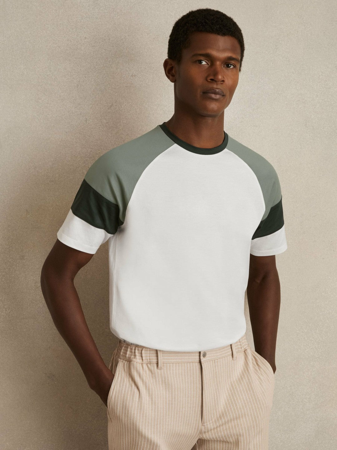 Reiss Sale - Mercerised-Cotton Colourblock T-Shirt in White/Sage
