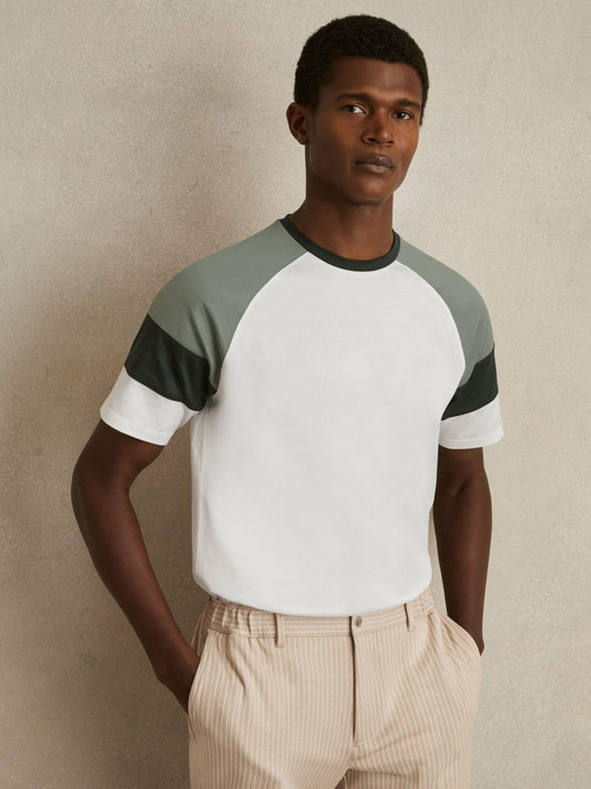 Reiss Sale - Mercerised-Cotton Colourblock T-Shirt in White/Sage