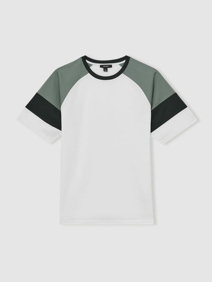 Reiss Sale - Mercerised-Cotton Colourblock T-Shirt in White/Sage