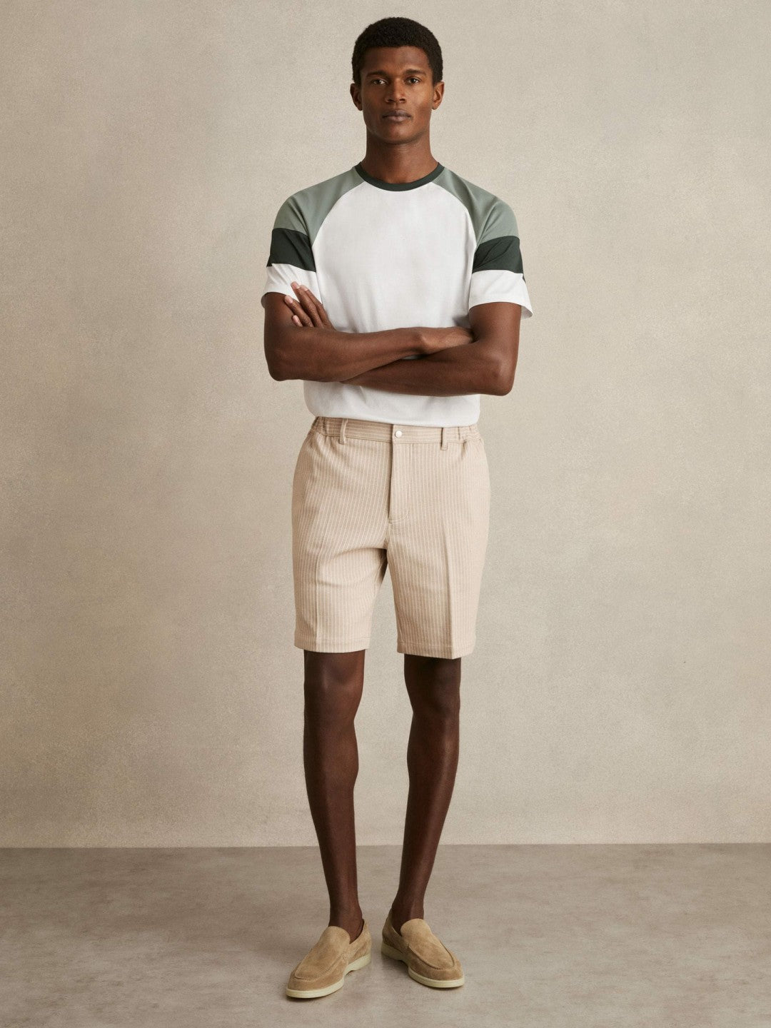Reiss Sale - Mercerised-Cotton Colourblock T-Shirt in White/Sage