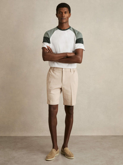 Reiss Sale - Mercerised-Cotton Colourblock T-Shirt in White/Sage