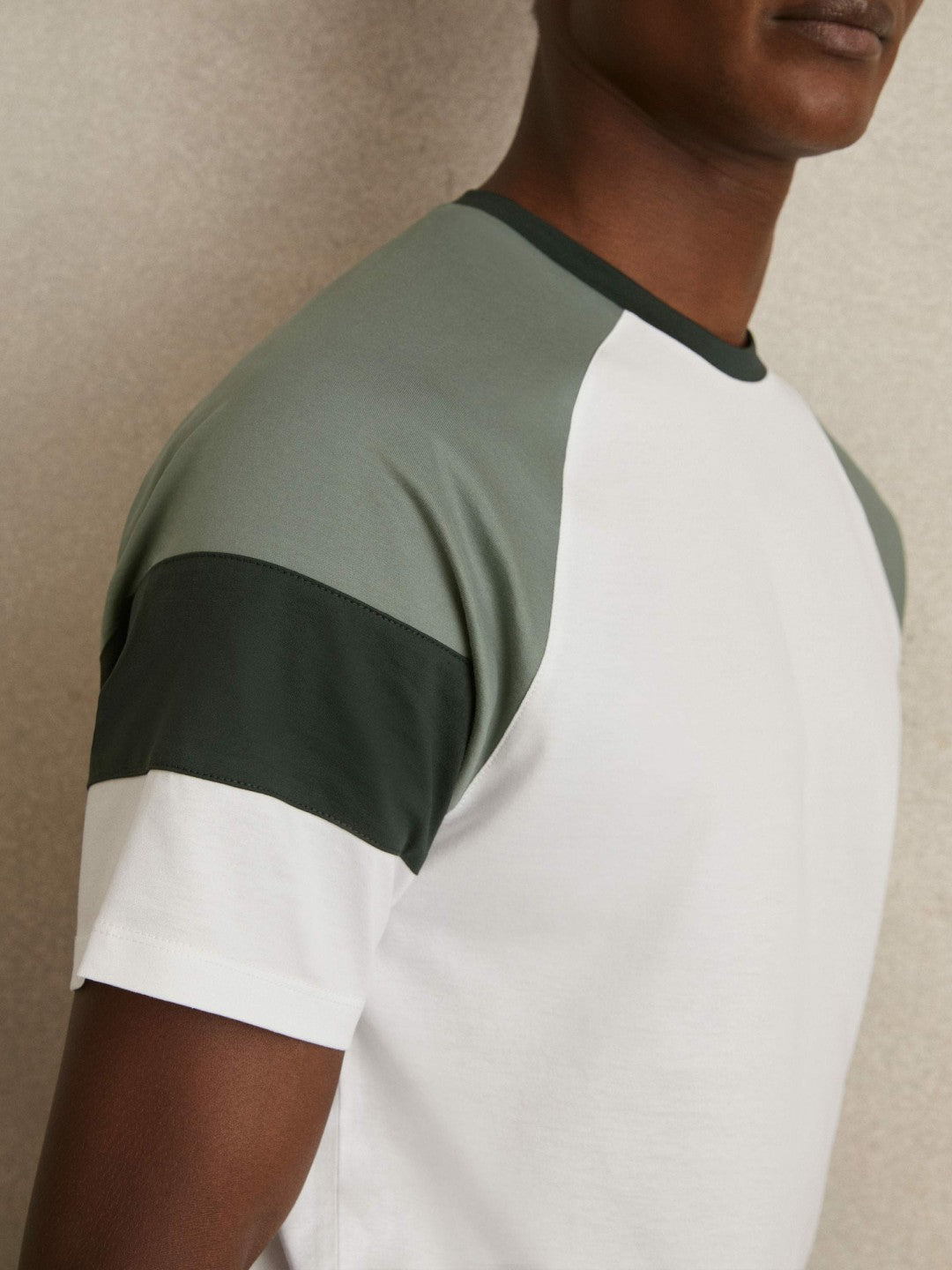 Reiss Sale - Mercerised-Cotton Colourblock T-Shirt in White/Sage