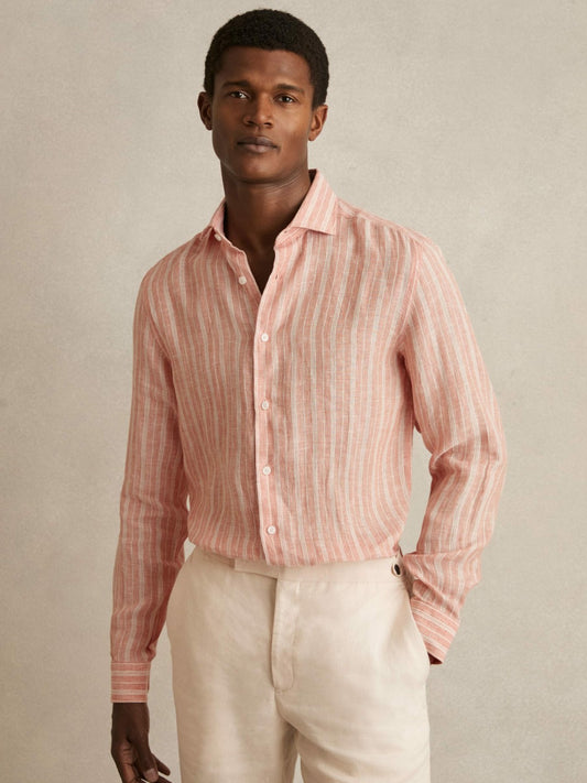Reiss Affordable - Linen Striped Long Sleeve Shirt in Pink Rose/White Bengal Stripe