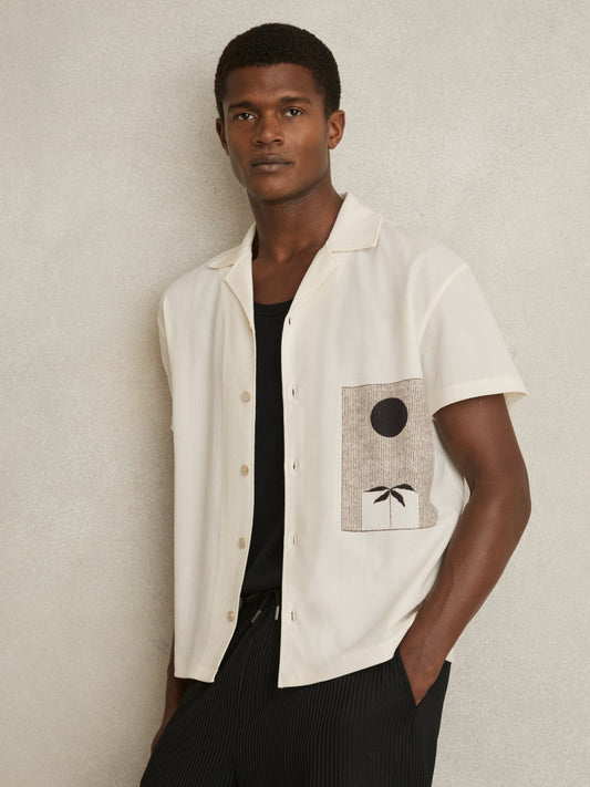 Reiss Graphic Print Cuban-Collar Shirt in White