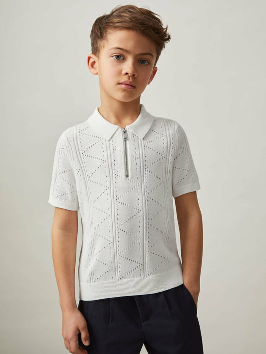 Reiss 9-13 yrs Half-Zip Pointelle Polo Shirt in Off White