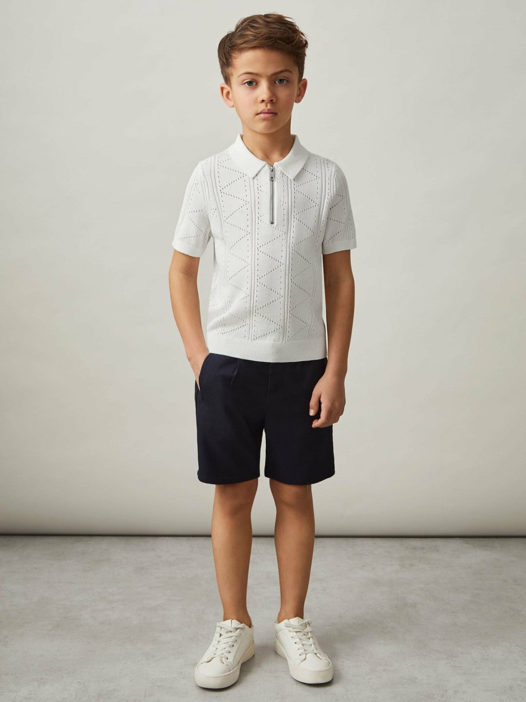 Reiss Popular Choice - 3-9 yrs Half-Zip Pointelle Polo Shirt in Off White