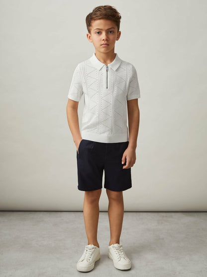 Reiss Popular Choice - 3-9 yrs Half-Zip Pointelle Polo Shirt in Off White