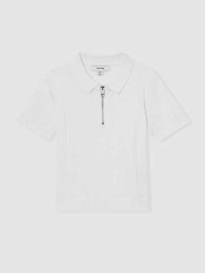 Reiss Popular Choice - 3-9 yrs Half-Zip Pointelle Polo Shirt in Off White