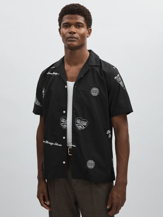 Reiss Popular Choice - Les Deux Cotton Embroidered Shirt in Black Print