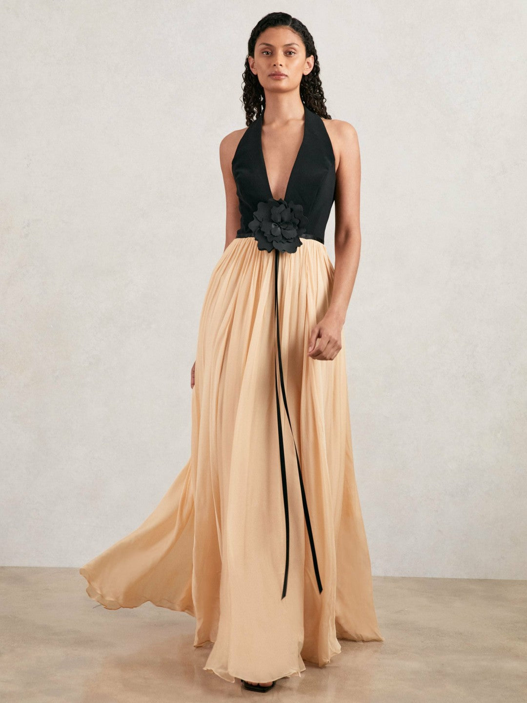 Reiss Sale - Halston Crepe and Chiffon Maxi Dress in Black/Ivory