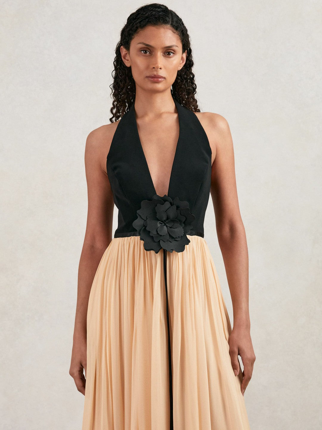 Reiss Sale - Halston Crepe and Chiffon Maxi Dress in Black/Ivory