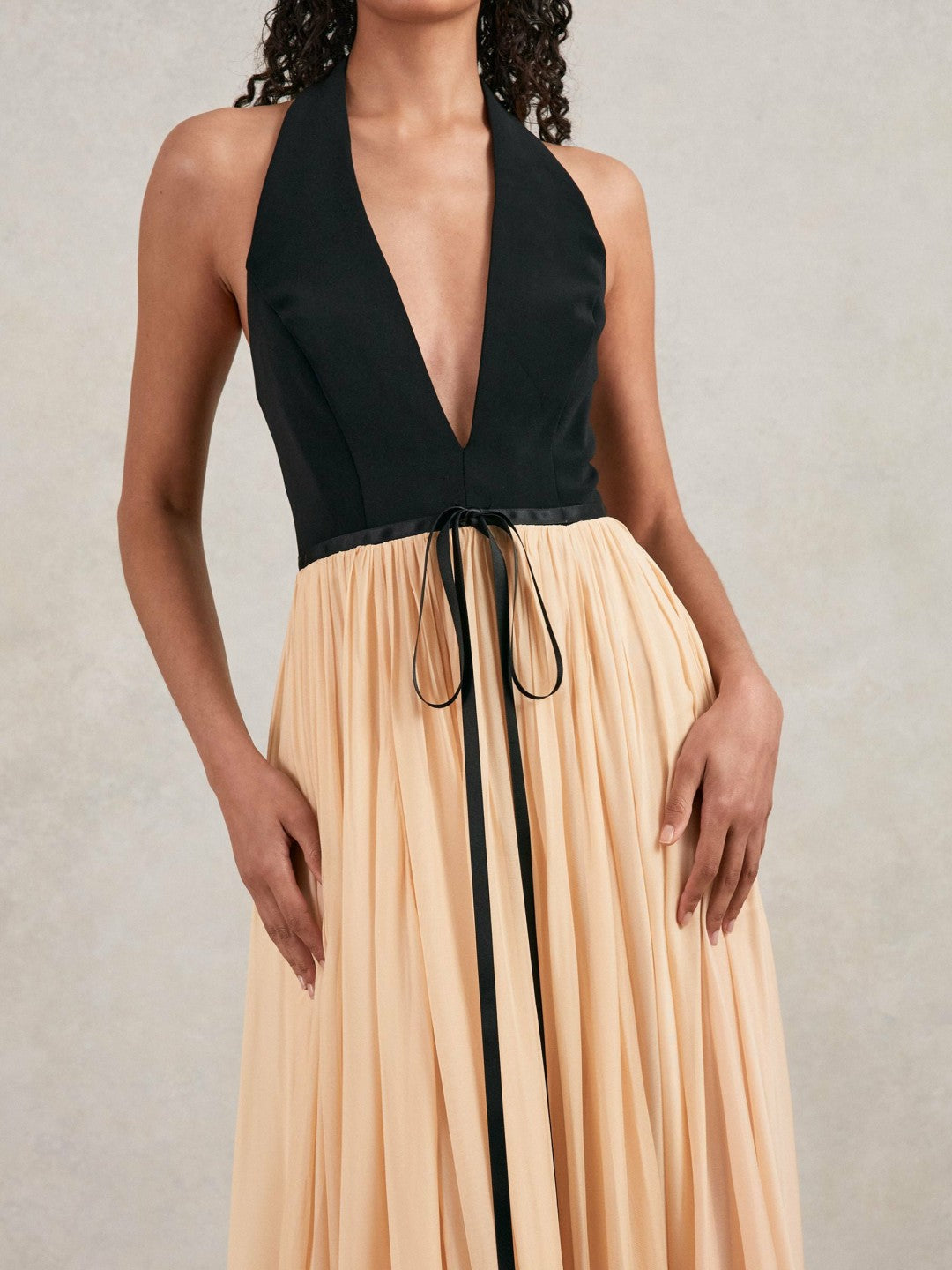 Reiss Sale - Halston Crepe and Chiffon Maxi Dress in Black/Ivory