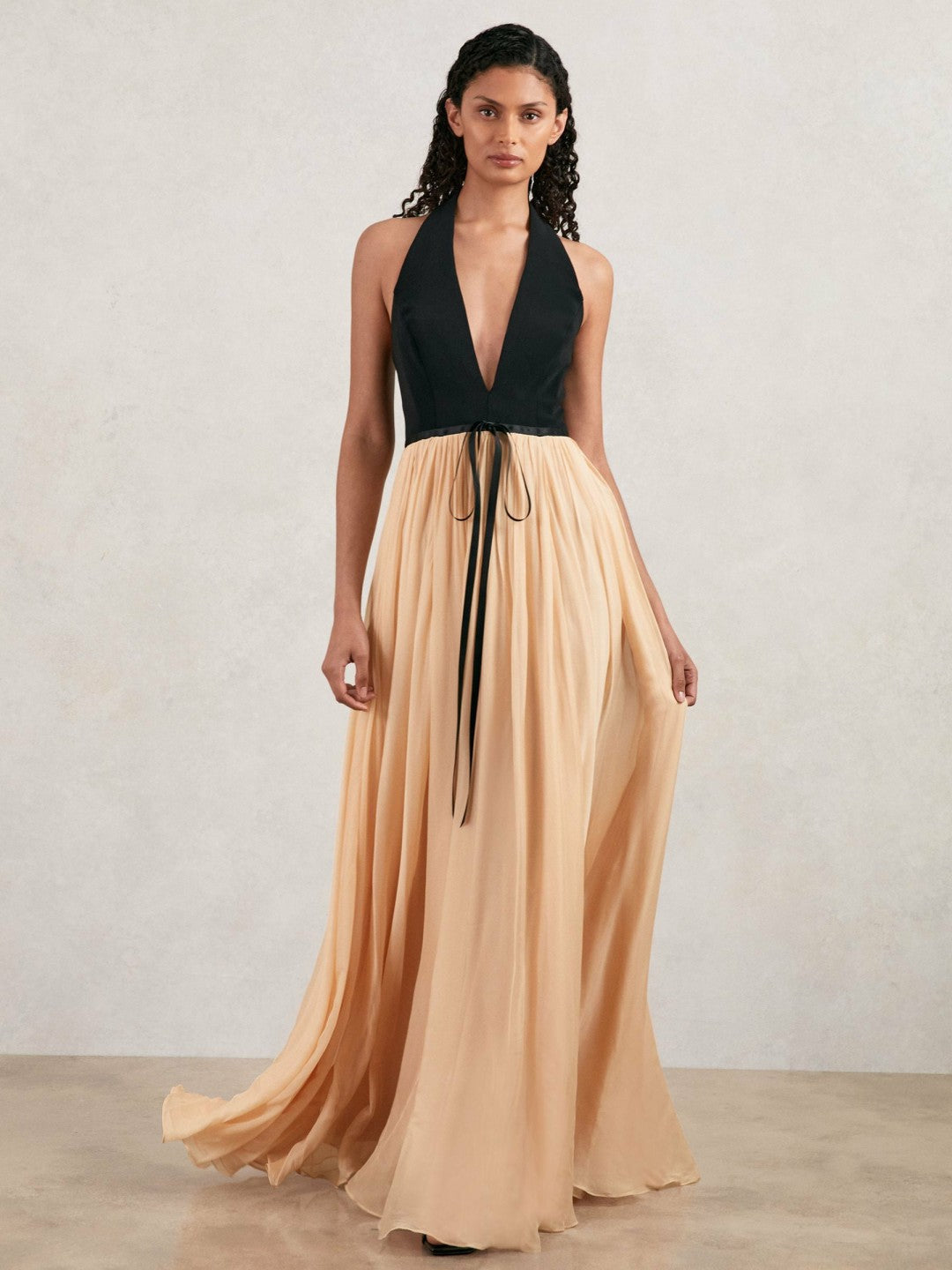 Reiss Sale - Halston Crepe and Chiffon Maxi Dress in Black/Ivory