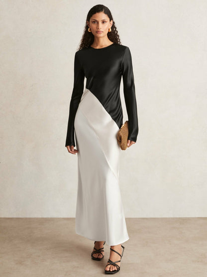 Reiss Acler Satin Colour Block Midi Dress in Ivory/Black