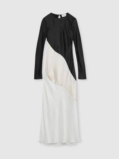 Reiss Acler Satin Colour Block Midi Dress in Ivory/Black