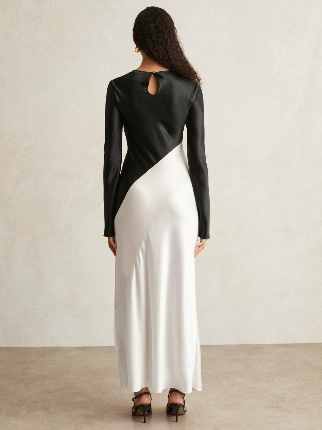 Reiss Acler Satin Colour Block Midi Dress in Ivory/Black