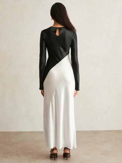 Reiss Acler Satin Colour Block Midi Dress in Ivory/Black