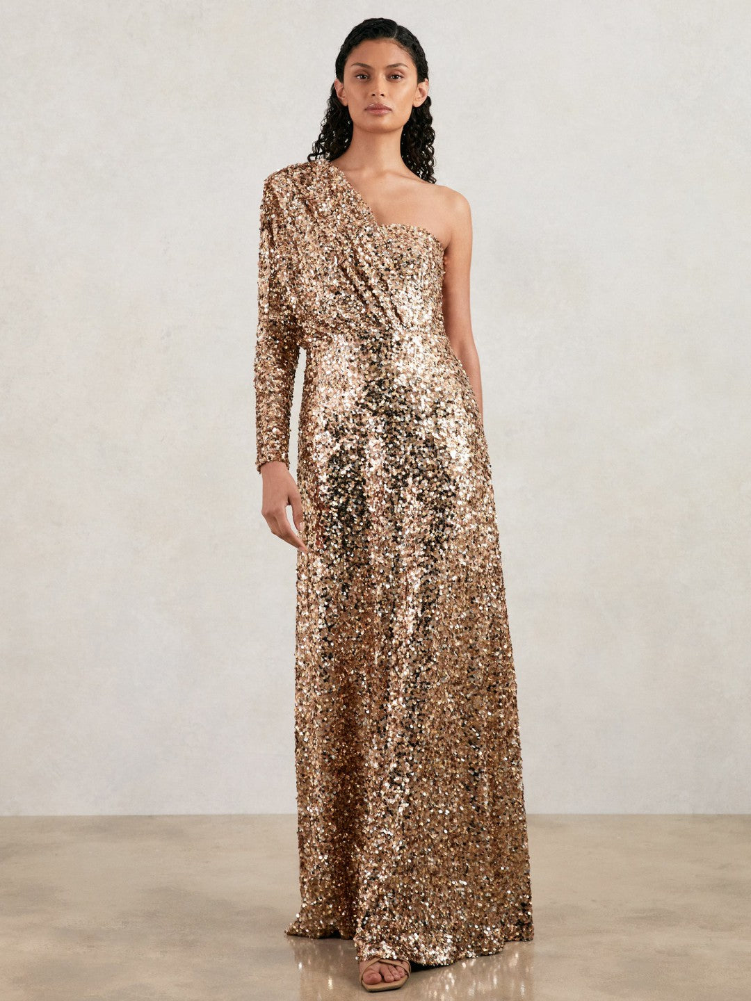 Reiss Value - Halston Sequin One Shoulder Maxi Dress in Gold