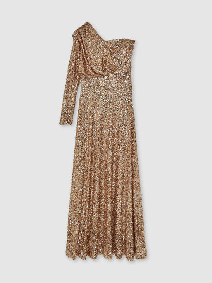 Reiss Value - Halston Sequin One Shoulder Maxi Dress in Gold