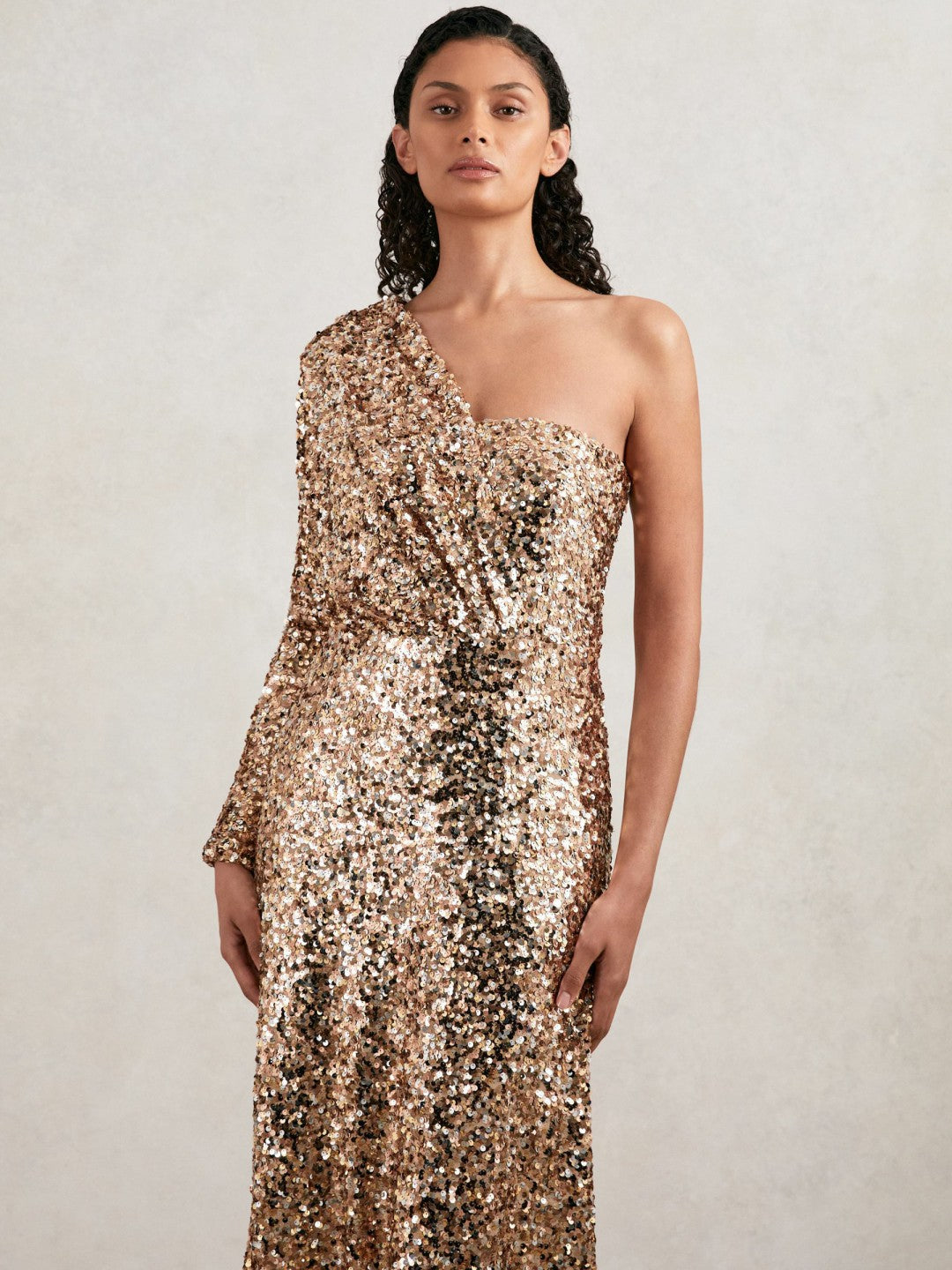 Reiss Value - Halston Sequin One Shoulder Maxi Dress in Gold