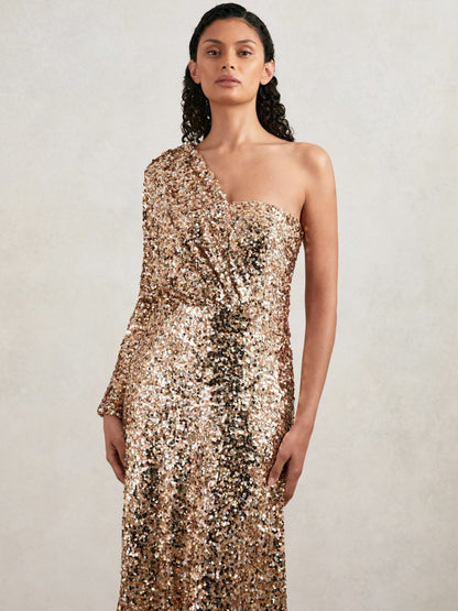 Reiss Value - Halston Sequin One Shoulder Maxi Dress in Gold