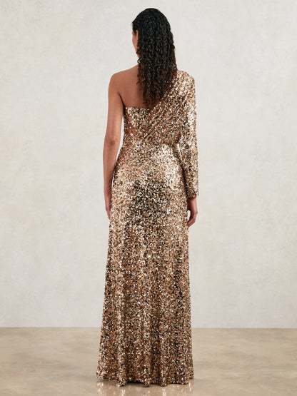 Reiss Value - Halston Sequin One Shoulder Maxi Dress in Gold