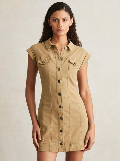 Reiss Deal - Paige Fern Beige Denim Button Through Mini Dress in Fern Beige