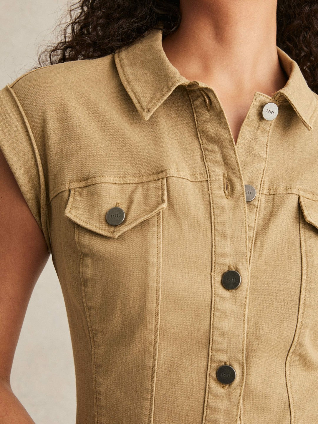Reiss Deal - Paige Fern Beige Denim Button Through Mini Dress in Fern Beige