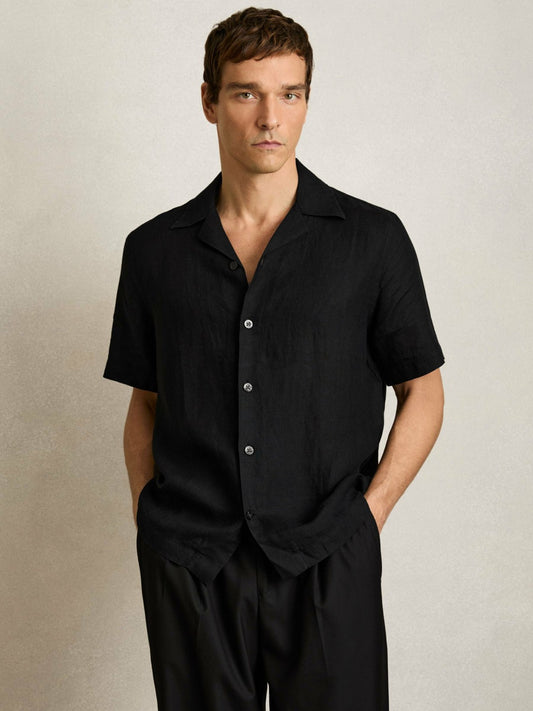 Reiss Linen Cuban-Collar Shirt in Black