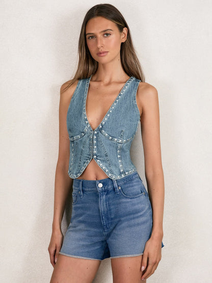 Reiss Best Seller - Studded Denim Vest in Indigo Blue