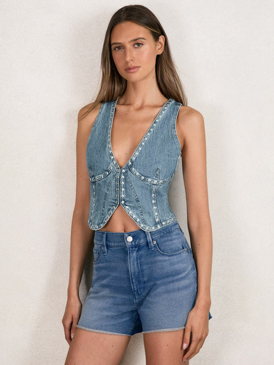 Reiss Best Seller - Studded Denim Vest in Indigo Blue