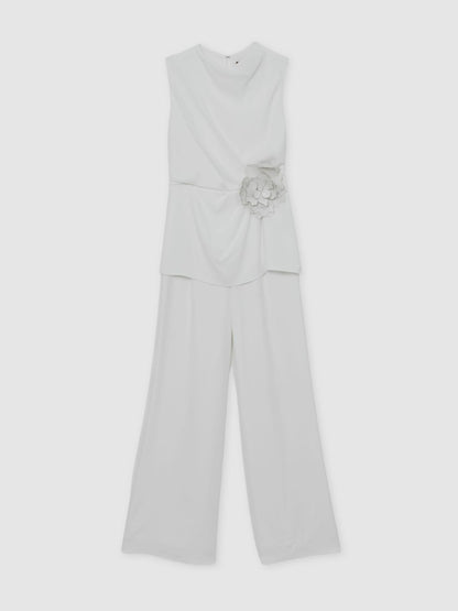 Reiss Deal - Halston Crepe Wide Leg Jumpsuit in Ivory