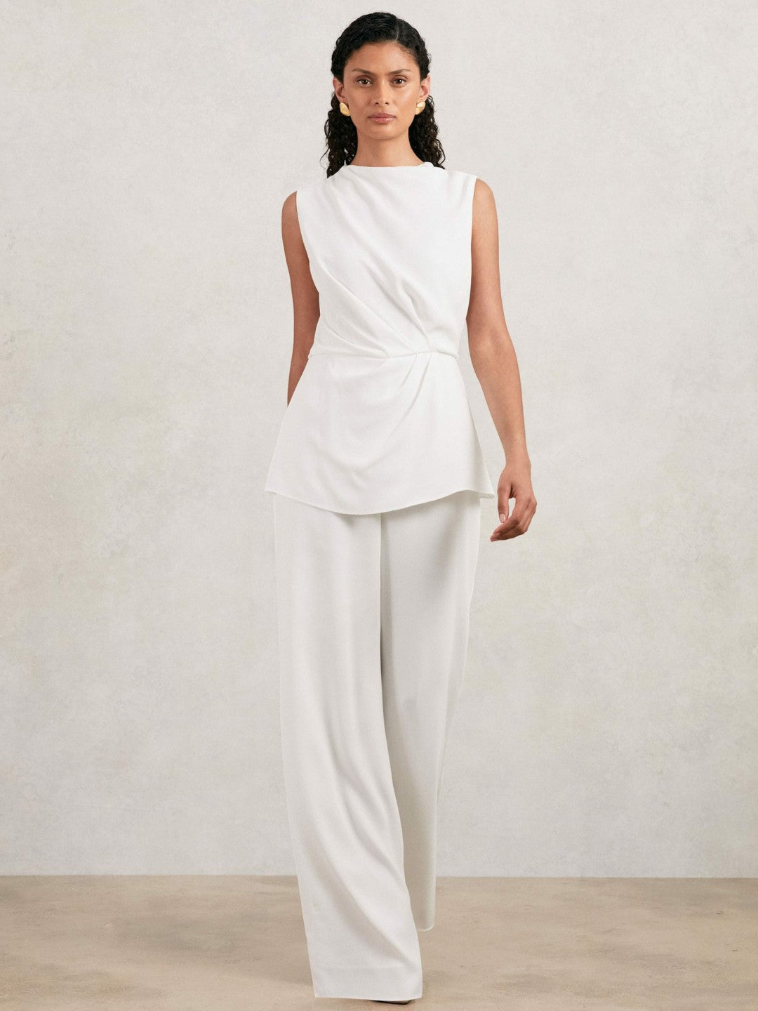 Reiss Deal - Halston Crepe Wide Leg Jumpsuit in Ivory