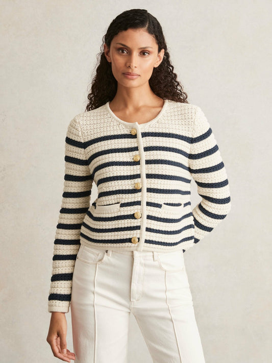 Reiss Deal - Paige Ivory Textured Knit Stripe Cardigan in Ivory