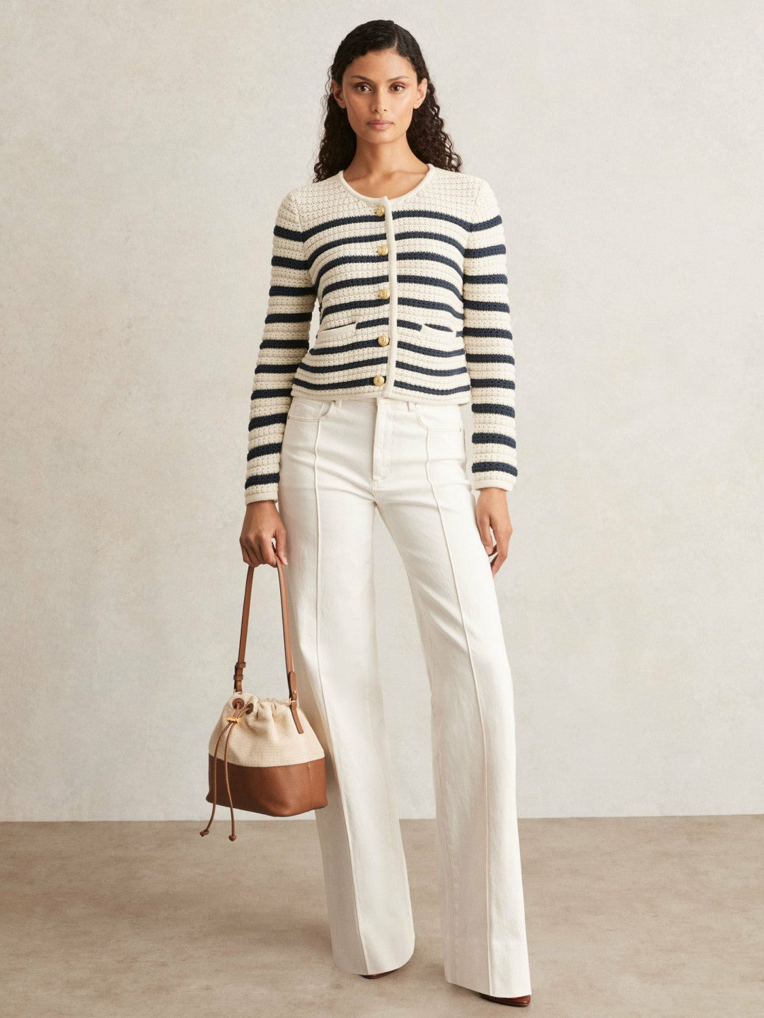 Reiss Deal - Paige Ivory Textured Knit Stripe Cardigan in Ivory