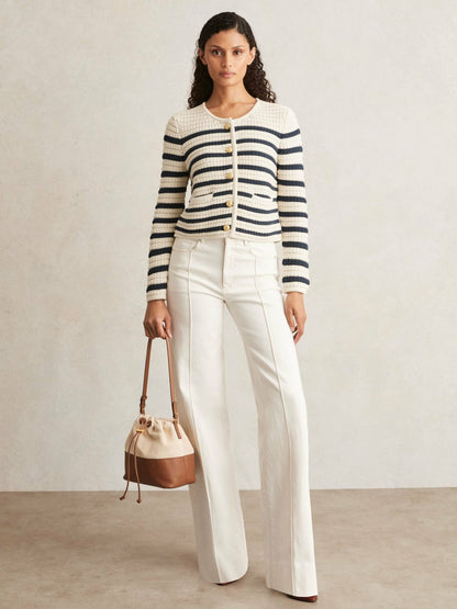 Reiss Deal - Paige Ivory Textured Knit Stripe Cardigan in Ivory