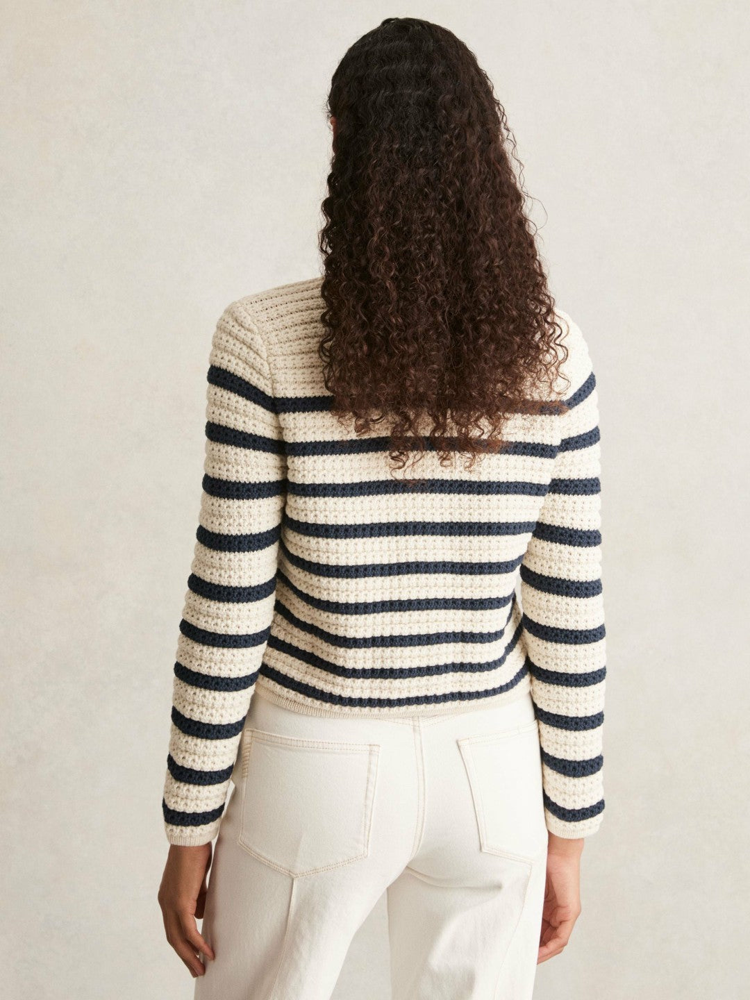 Reiss Deal - Paige Ivory Textured Knit Stripe Cardigan in Ivory