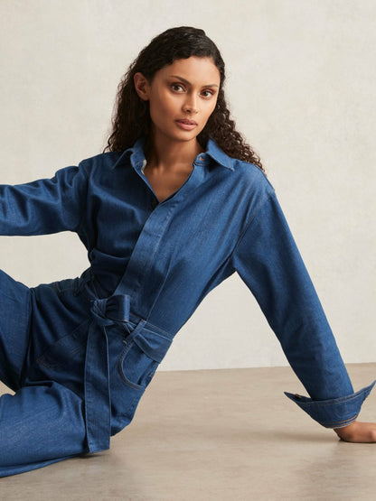 Reiss Popular Choice - Paige Maraya Blue Wide Leg Belted Denim Jumpsuit in Maraya Blue