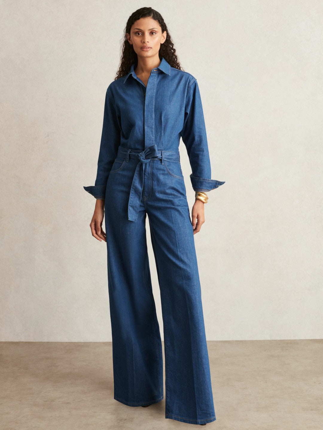 Reiss Popular Choice - Paige Maraya Blue Wide Leg Belted Denim Jumpsuit in Maraya Blue