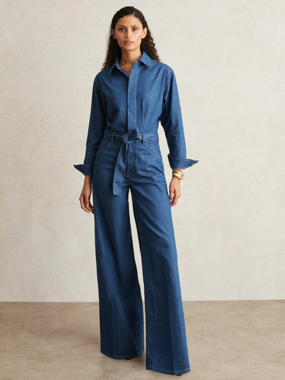 Reiss Popular Choice - Paige Maraya Blue Wide Leg Belted Denim Jumpsuit in Maraya Blue