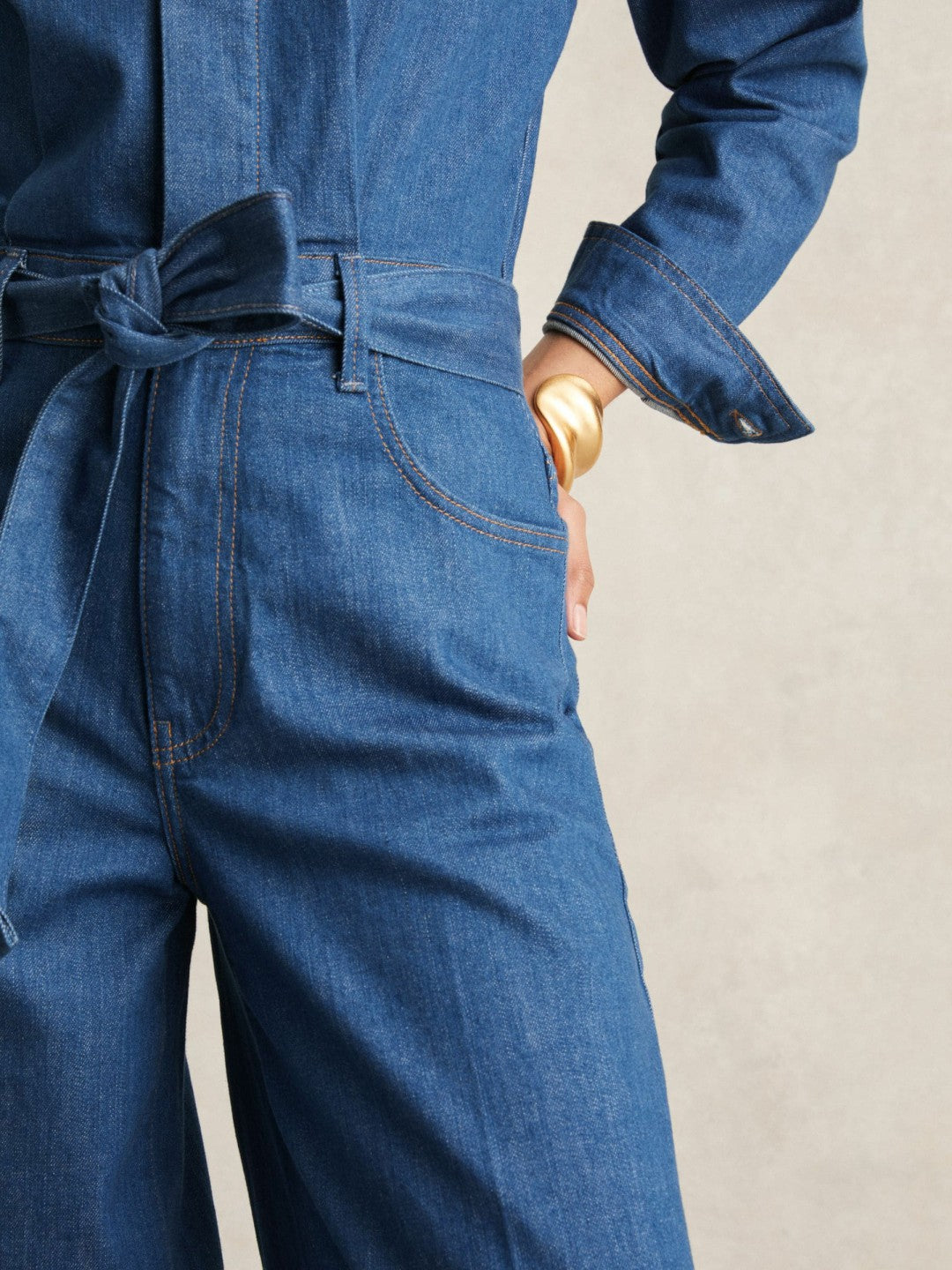 Reiss Popular Choice - Paige Maraya Blue Wide Leg Belted Denim Jumpsuit in Maraya Blue