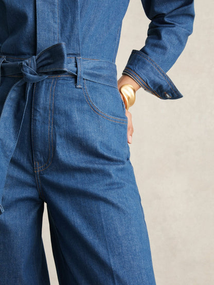 Reiss Popular Choice - Paige Maraya Blue Wide Leg Belted Denim Jumpsuit in Maraya Blue