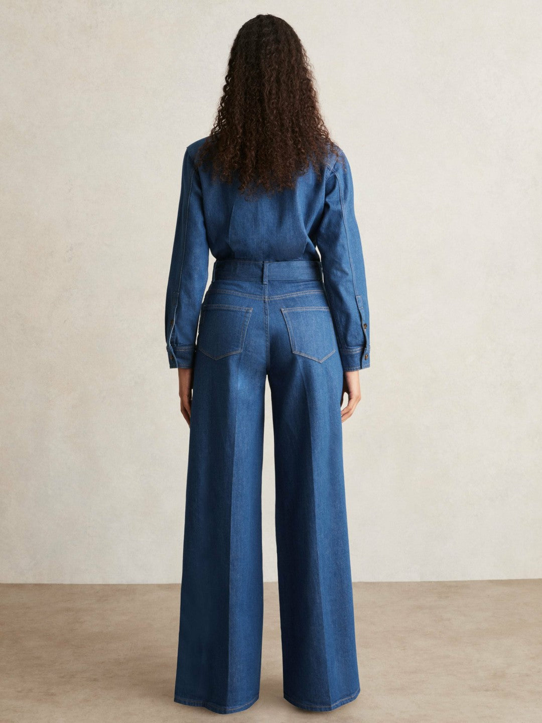 Reiss Popular Choice - Paige Maraya Blue Wide Leg Belted Denim Jumpsuit in Maraya Blue