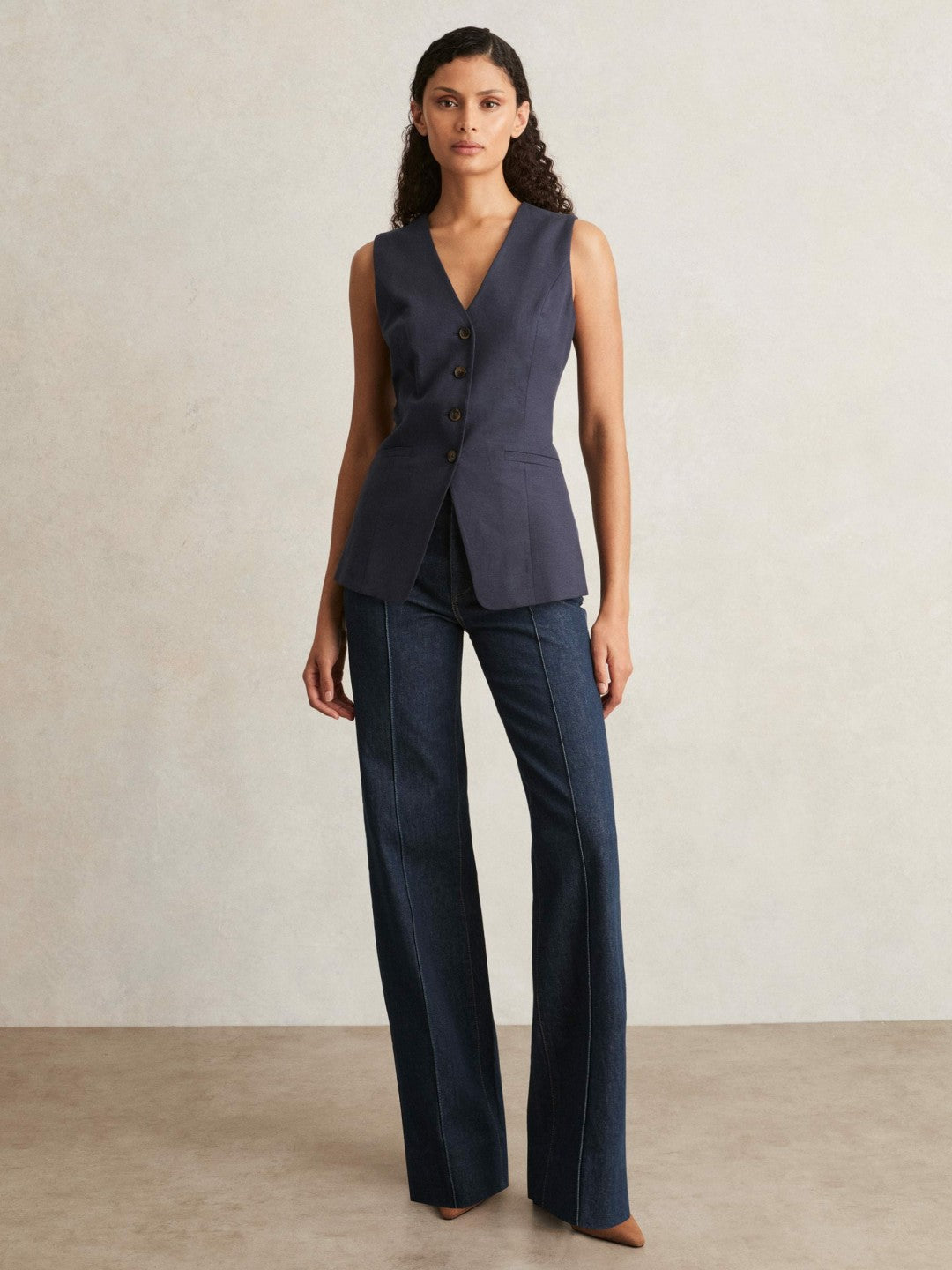 Reiss Value - Paige Wide Leg Pintuck Jeans in Anais Blue