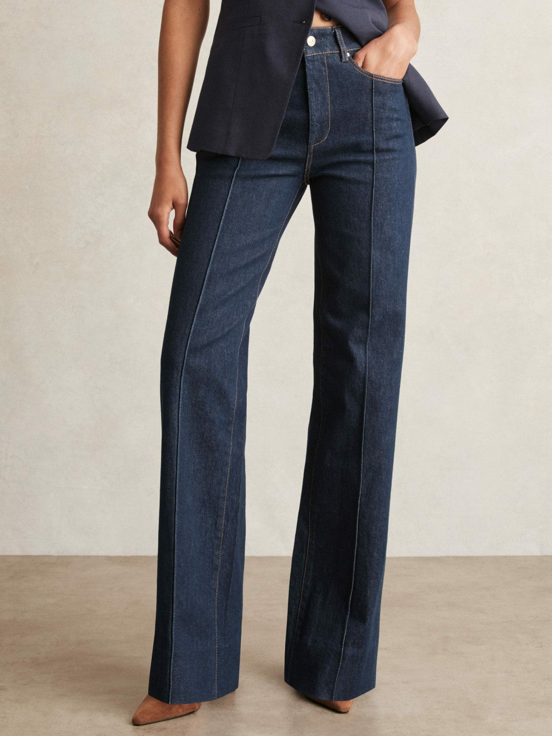 Reiss Value - Paige Wide Leg Pintuck Jeans in Anais Blue